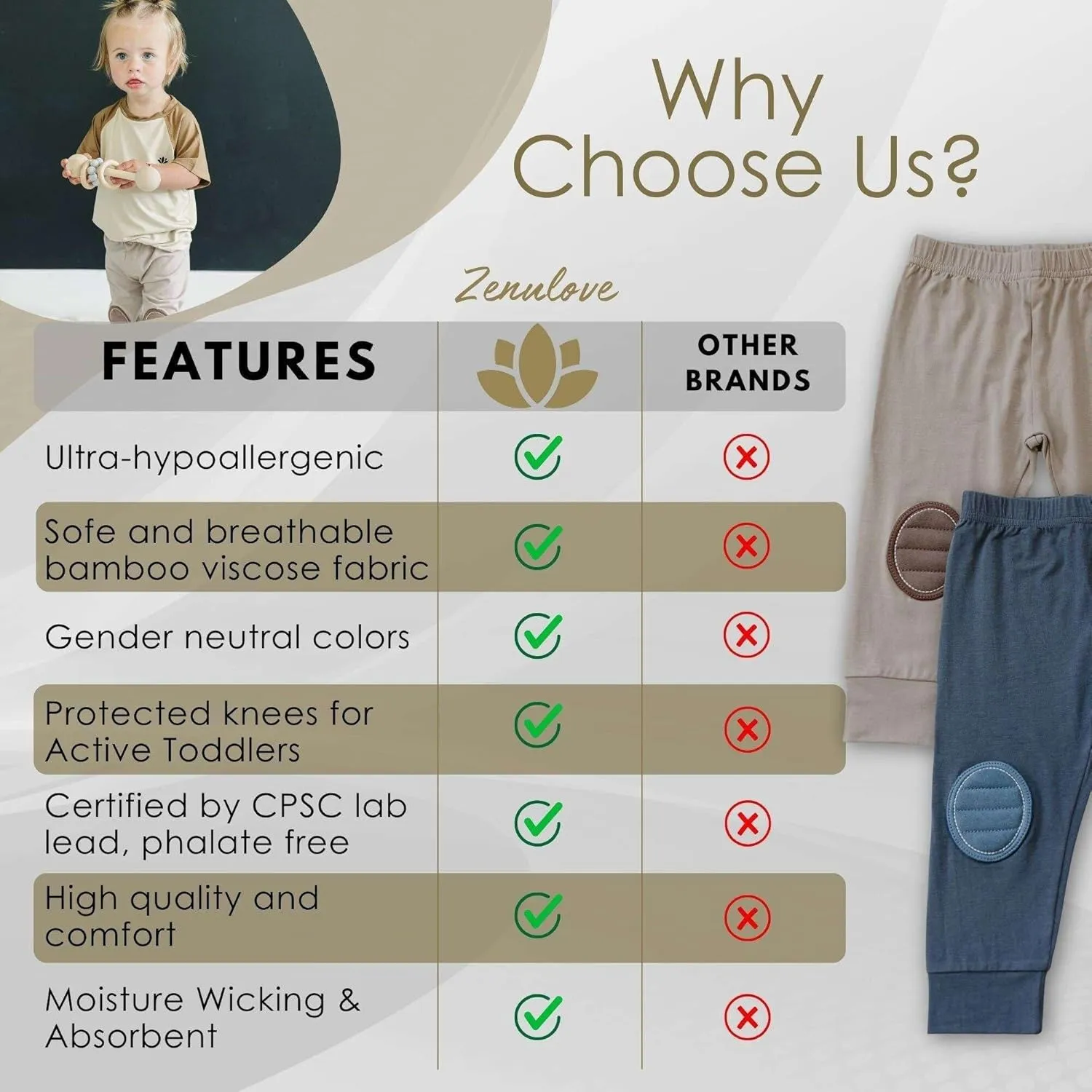 2-Pack Viscose Baby Pants with Knee Pads Soft Toddler Pants for Boys & Girls, Baby Boy Pants & Baby Girl Pants 2T-4T