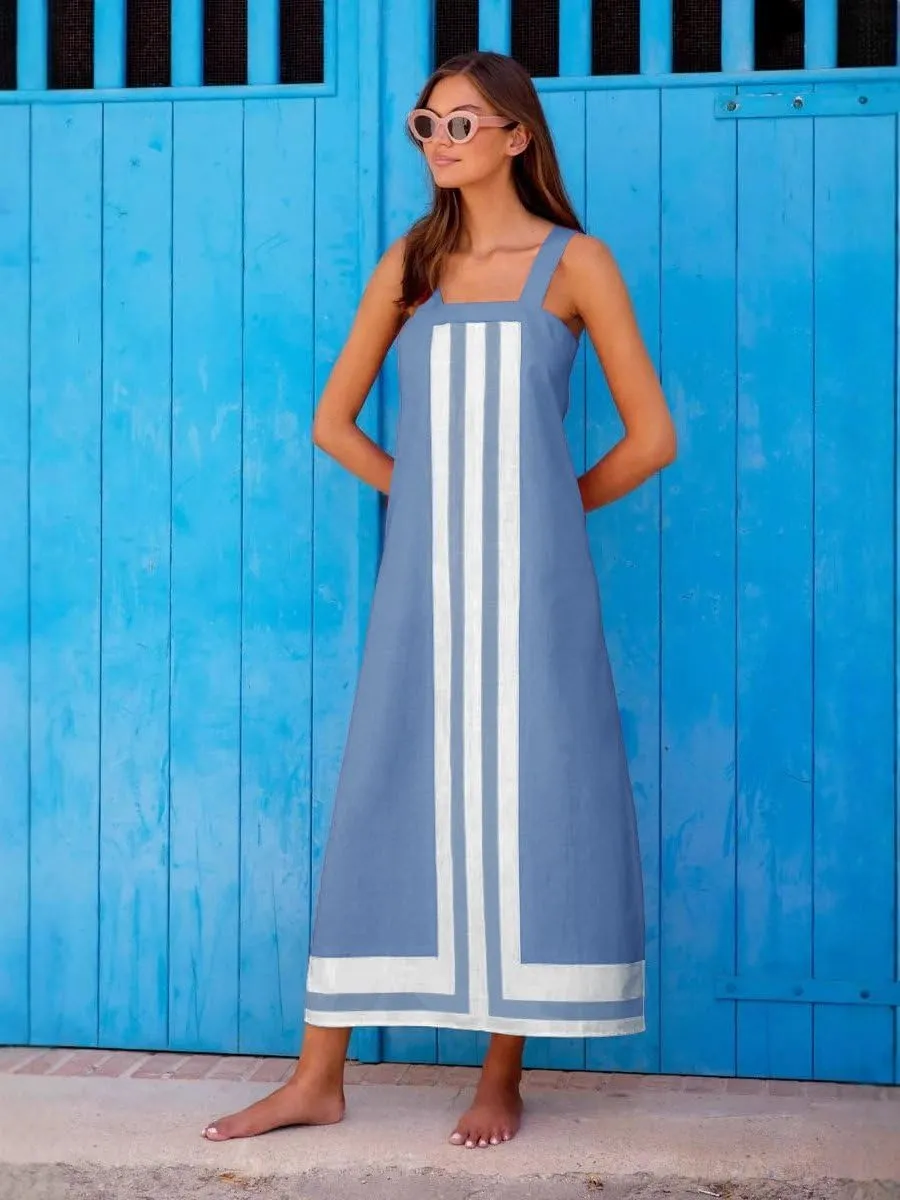 2025 Women Boho Summer Floral Dress Color Block Maxi Casual Striped Beach Coverups Overall Dress
