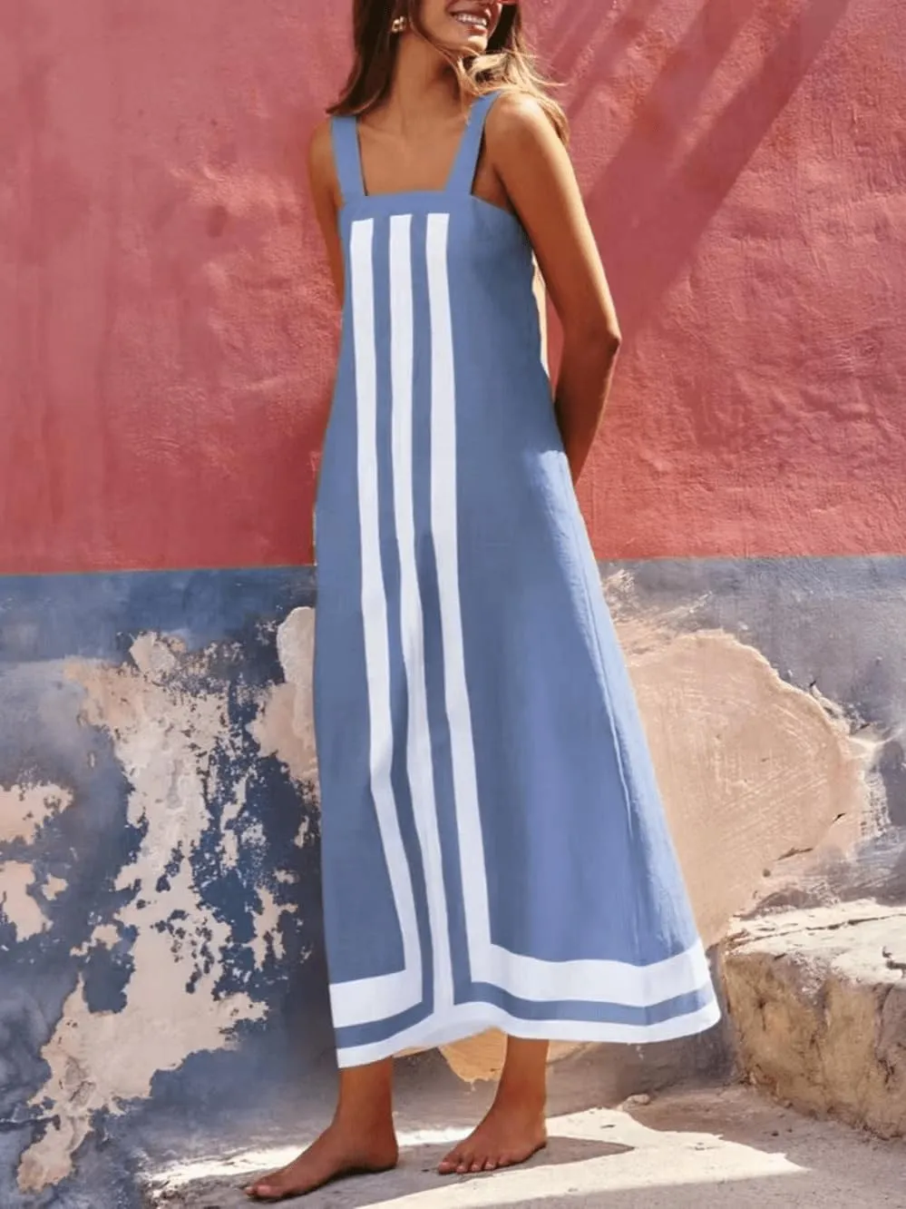 2025 Women Boho Summer Floral Dress Color Block Maxi Casual Striped Beach Coverups Overall Dress