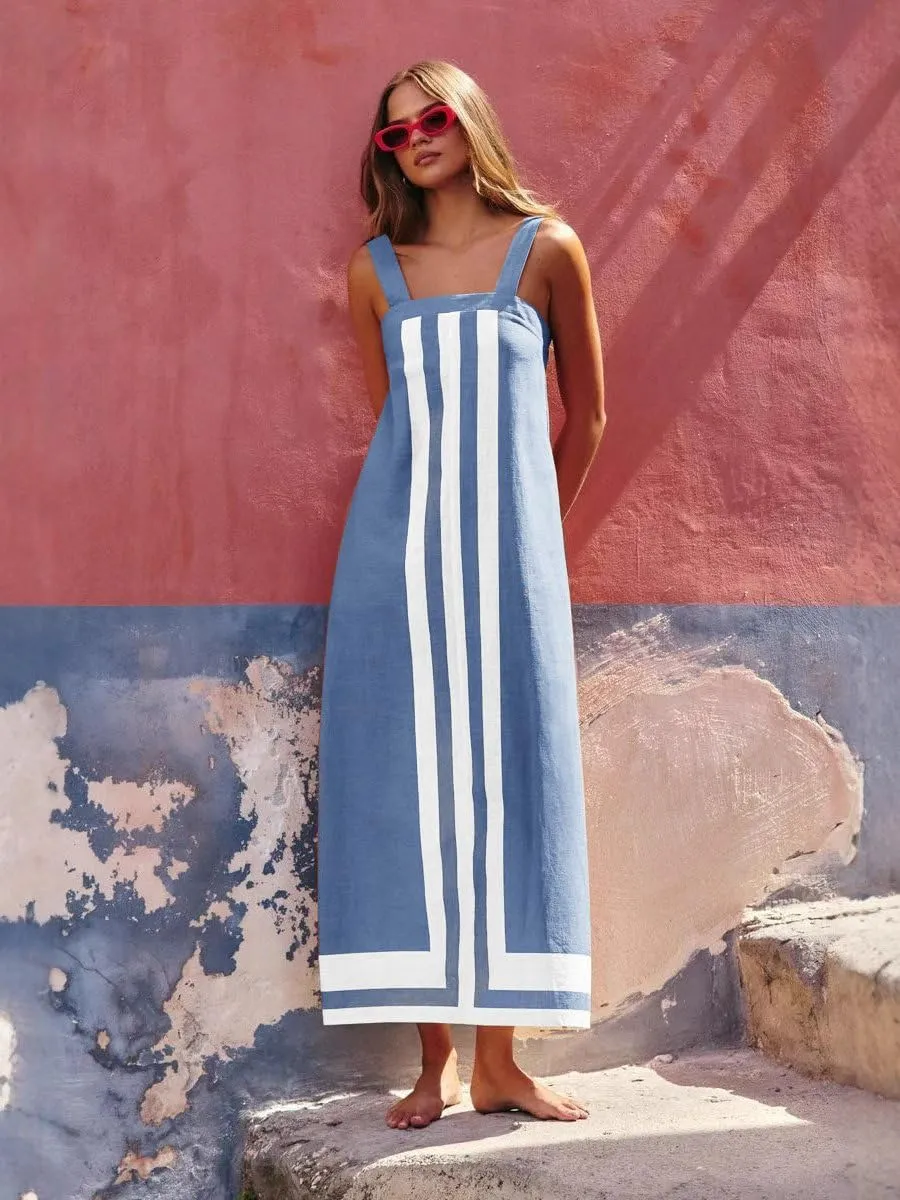 2025 Women Boho Summer Floral Dress Color Block Maxi Casual Striped Beach Coverups Overall Dress