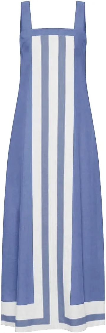 2025 Women Boho Summer Floral Dress Color Block Maxi Casual Striped Beach Coverups Overall Dress