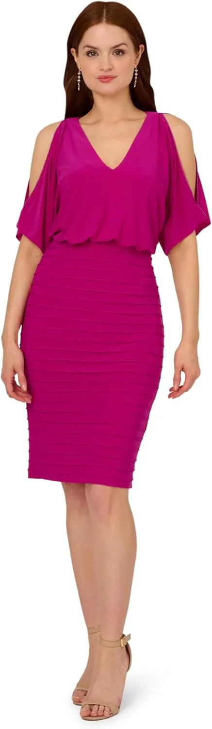 Adrianna Papell Women's Beaded Trim Pintucked Dress, Hot Magenta