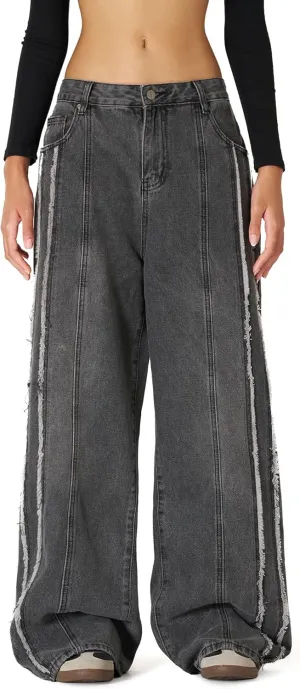 Aelfric Eden Mens Jeans Fringe Line Wide Leg Vintage Jean Y2k Hip Hop Baggy Trousers Unisex Streetwear Casual Denim Pants