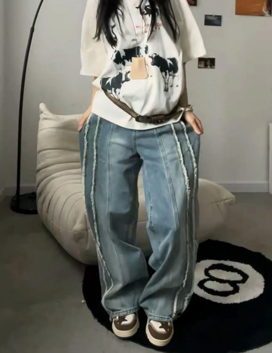 Aelfric Eden Mens Jeans Fringe Line Wide Leg Vintage Jean Y2k Hip Hop Baggy Trousers Unisex Streetwear Casual Denim Pants