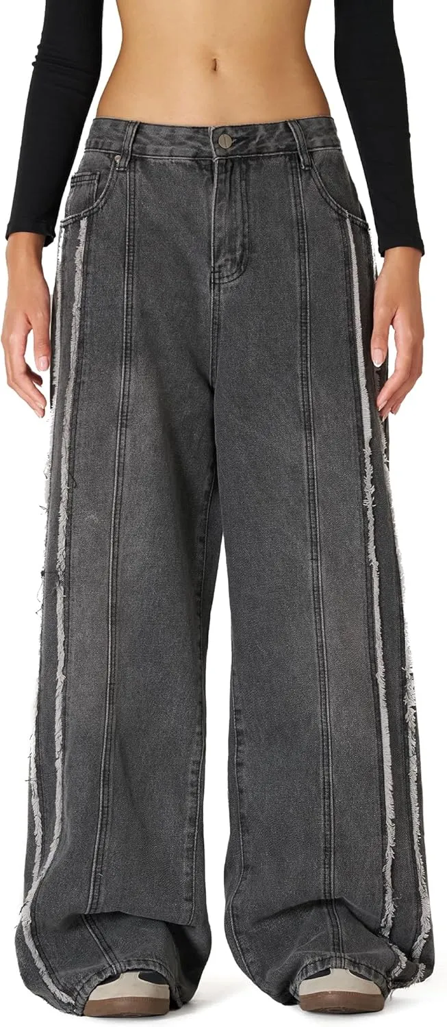 Aelfric Eden Mens Jeans Fringe Line Wide Leg Vintage Jean Y2k Hip Hop Baggy Trousers Unisex Streetwear Casual Denim Pants