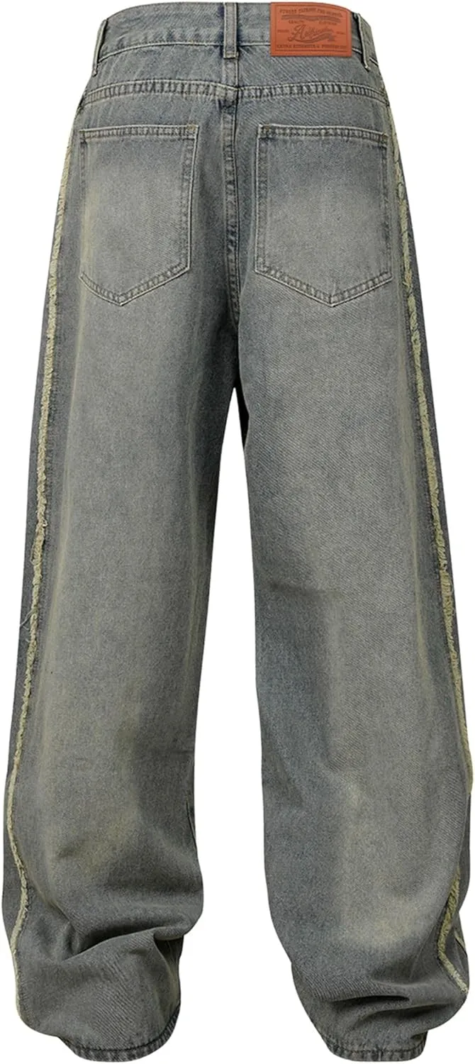Aelfric Eden Mens Jeans Fringe Line Wide Leg Vintage Jean Y2k Hip Hop Baggy Trousers Unisex Streetwear Casual Denim Pants