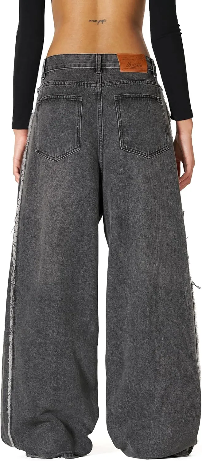 Aelfric Eden Mens Jeans Fringe Line Wide Leg Vintage Jean Y2k Hip Hop Baggy Trousers Unisex Streetwear Casual Denim Pants