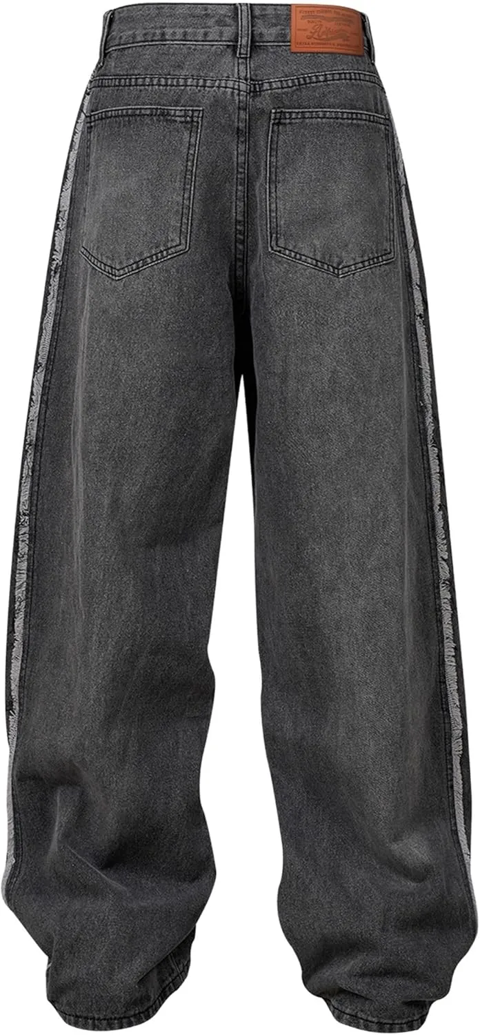 Aelfric Eden Mens Jeans Fringe Line Wide Leg Vintage Jean Y2k Hip Hop Baggy Trousers Unisex Streetwear Casual Denim Pants