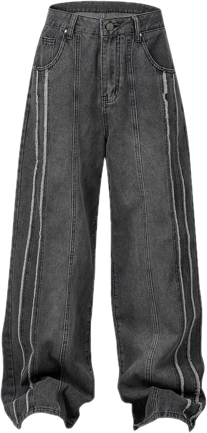 Aelfric Eden Mens Jeans Fringe Line Wide Leg Vintage Jean Y2k Hip Hop Baggy Trousers Unisex Streetwear Casual Denim Pants