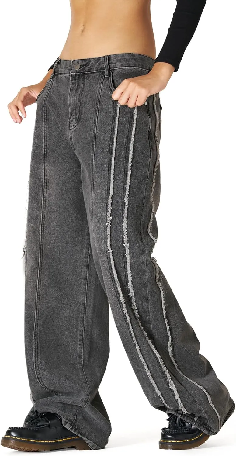 Aelfric Eden Mens Jeans Fringe Line Wide Leg Vintage Jean Y2k Hip Hop Baggy Trousers Unisex Streetwear Casual Denim Pants