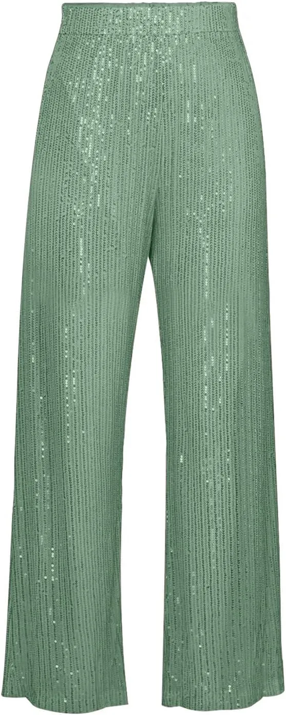 Aelidiya Women's Glitter Sequin Long Loose Pants Bling Party Clubwear Elastic Casual Pants