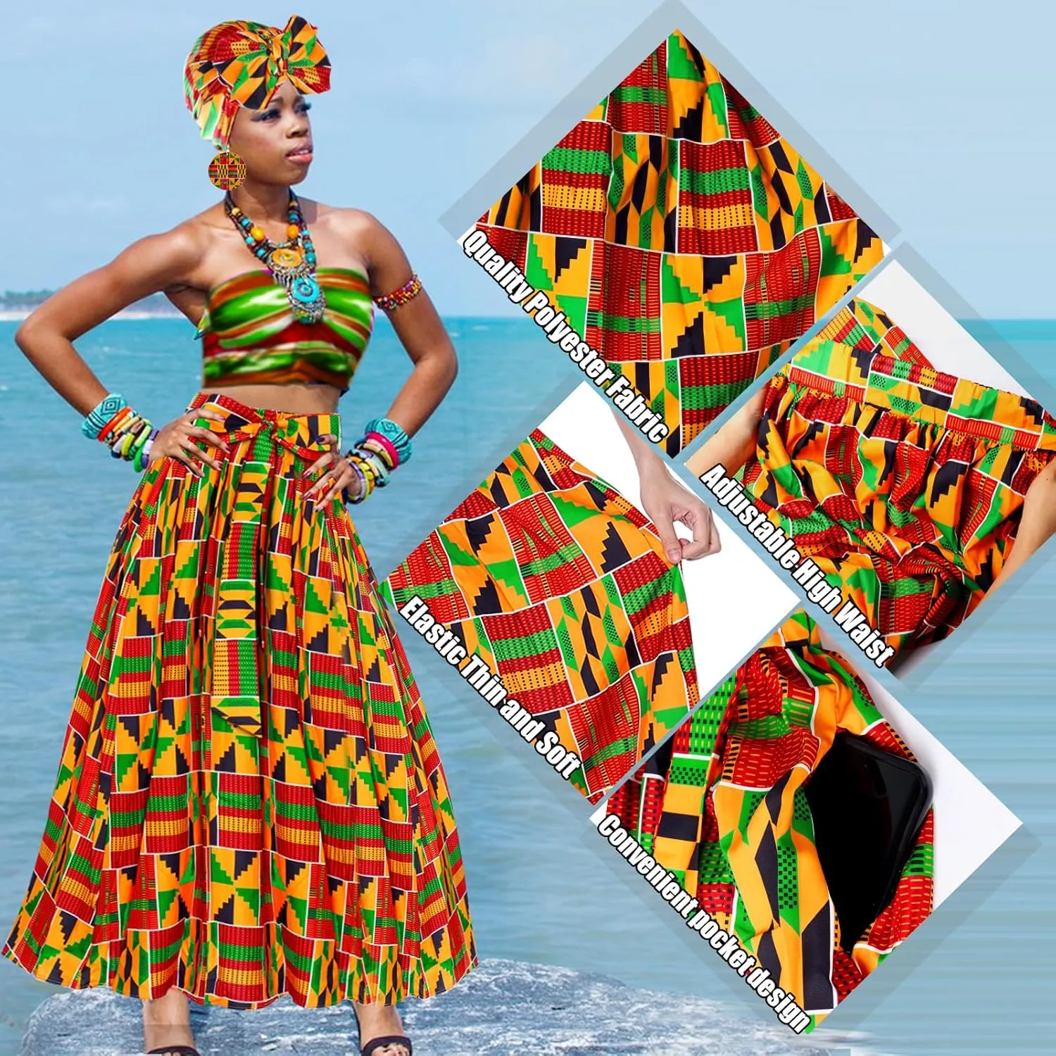African Skirts for Women 3 Pcs Maxi Casual Dashiki Traditional Skirt High Waist Ankara Costume Boho Stretch Wrap Scarf