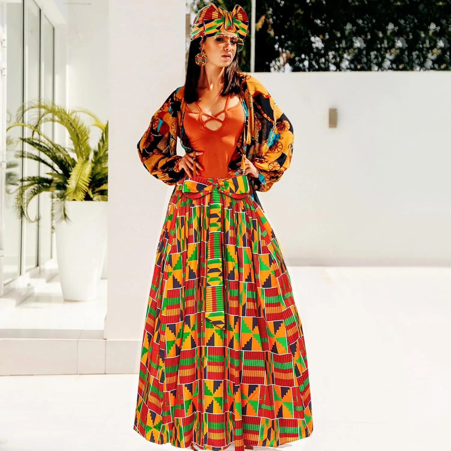 African Skirts for Women 3 Pcs Maxi Casual Dashiki Traditional Skirt High Waist Ankara Costume Boho Stretch Wrap Scarf