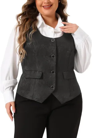 Agnes Orinda Plus Size Vest for Women Sleeveless Jacquard Jacket Steampunk Waistcoat