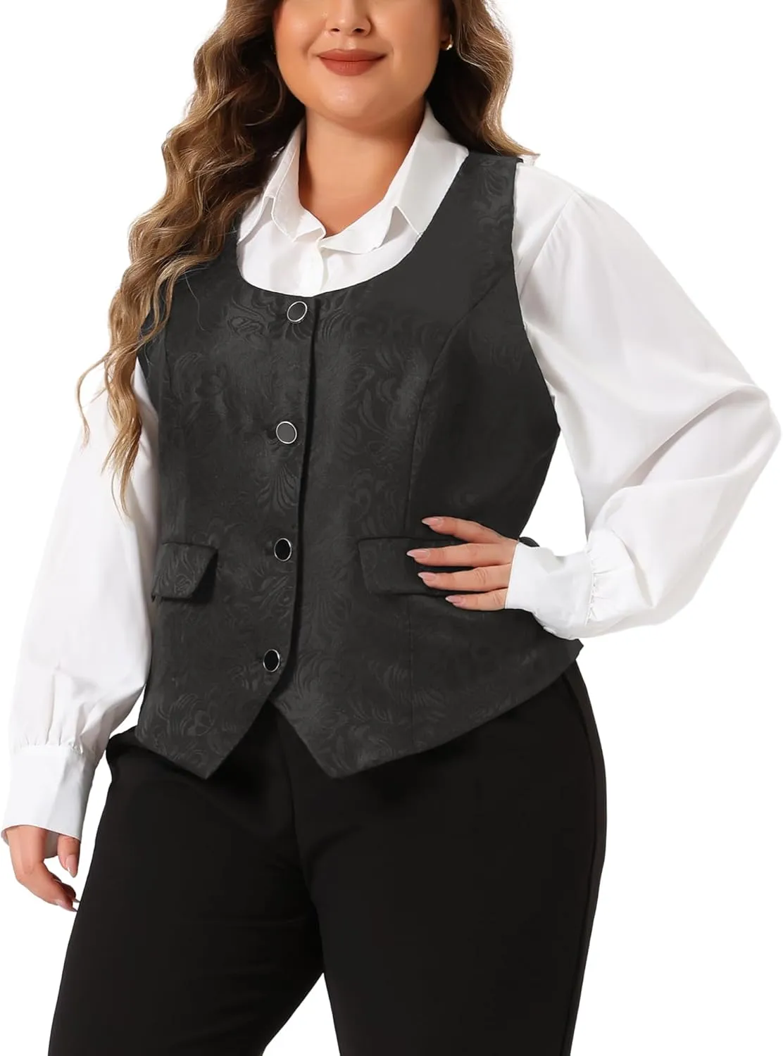 Agnes Orinda Plus Size Vest for Women Sleeveless Jacquard Jacket Steampunk Waistcoat