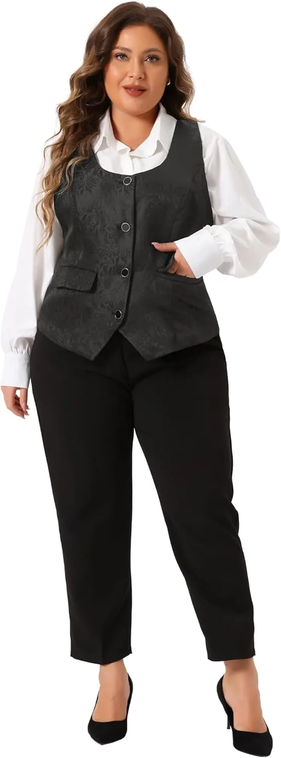 Agnes Orinda Plus Size Vest for Women Sleeveless Jacquard Jacket Steampunk Waistcoat