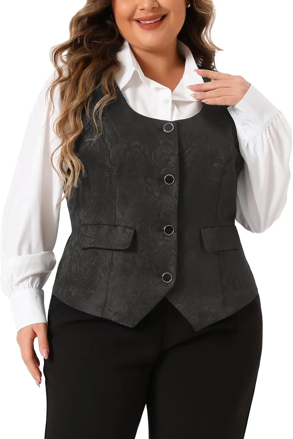 Agnes Orinda Plus Size Vest for Women Sleeveless Jacquard Jacket Steampunk Waistcoat