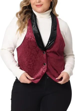 Agnes Orinda Plus Size Women's Vest Jacket Vintage Jacquard Lapel Collar Button Velvet Waistcoats