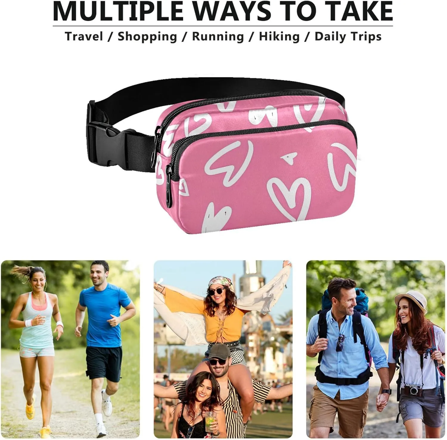 All over Hearts Pink Women Fanny Pack Anti Theft Belt Bag Waterproof Colorful Crossbody Waist Pack