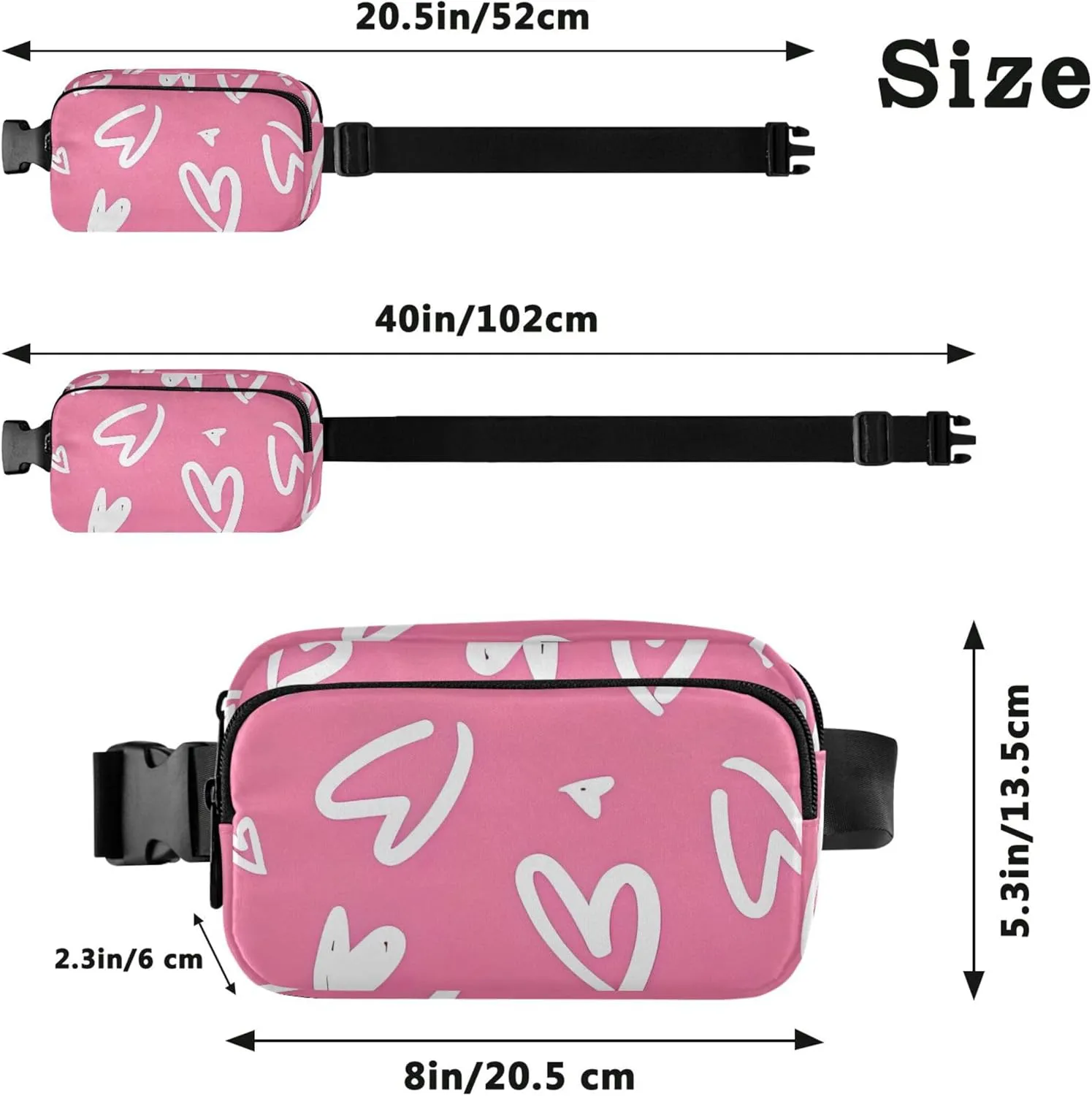 All over Hearts Pink Women Fanny Pack Anti Theft Belt Bag Waterproof Colorful Crossbody Waist Pack