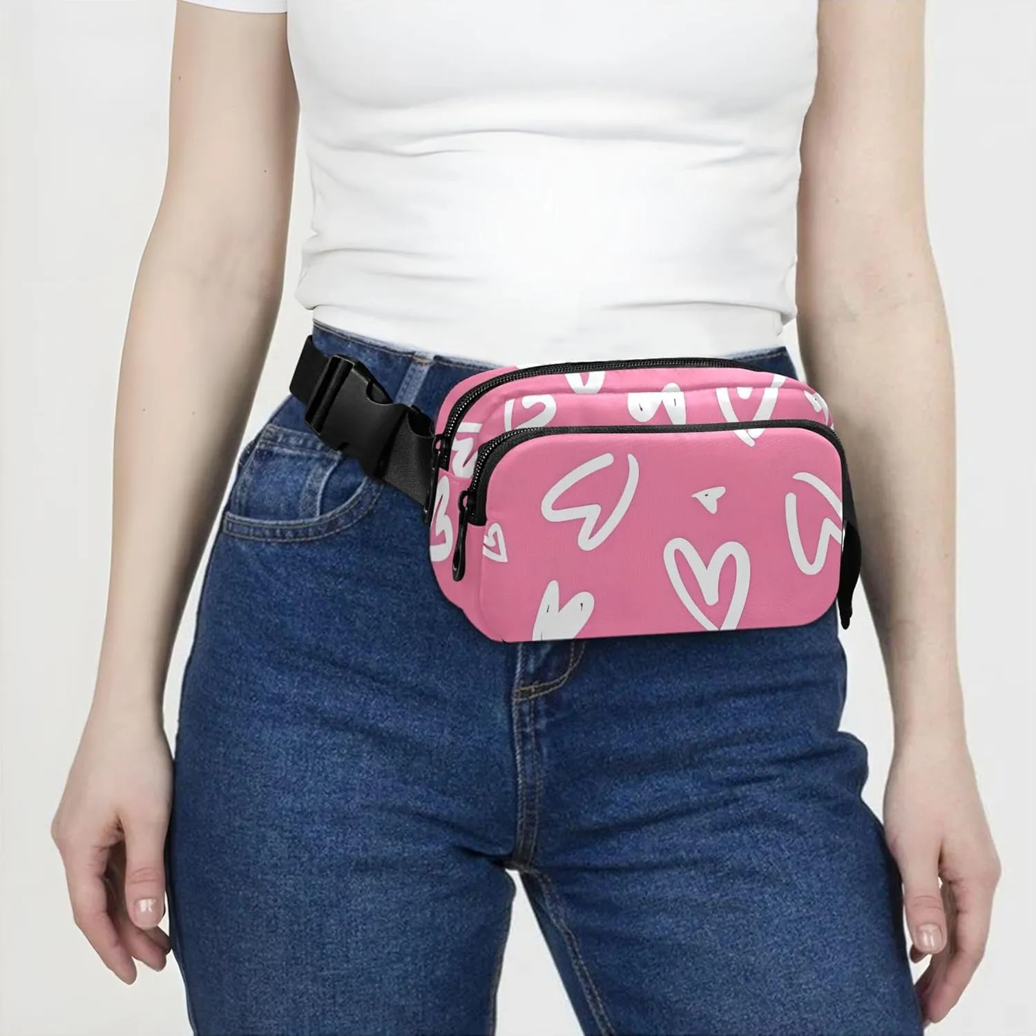 All over Hearts Pink Women Fanny Pack Anti Theft Belt Bag Waterproof Colorful Crossbody Waist Pack