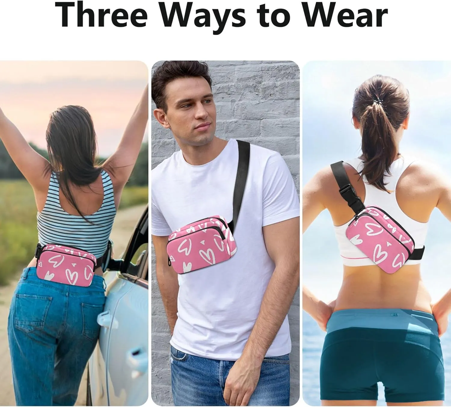 All over Hearts Pink Women Fanny Pack Anti Theft Belt Bag Waterproof Colorful Crossbody Waist Pack