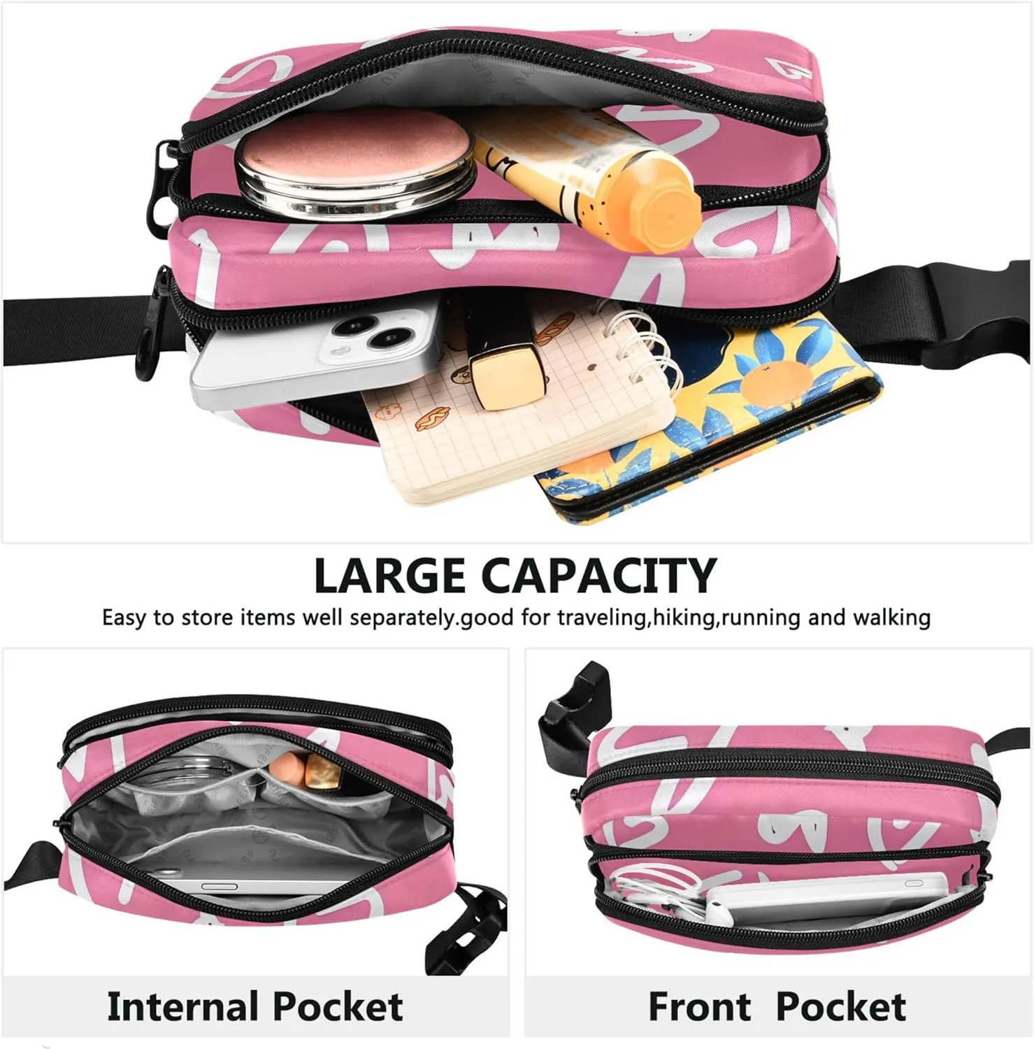 All over Hearts Pink Women Fanny Pack Anti Theft Belt Bag Waterproof Colorful Crossbody Waist Pack