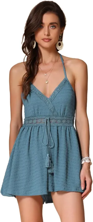 Allegra K Beach Short Romper for Women's V Neck Wide Leg Jumpsuit
