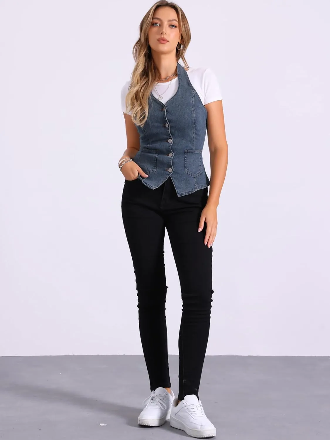 Allegra K Denim Vest for Women's Halter Neck Button Down Backless Jean Waistcoat