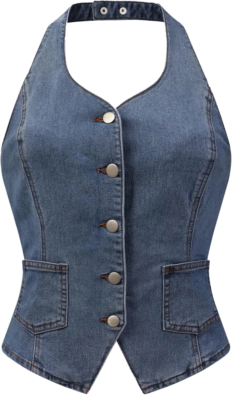 Allegra K Denim Vest for Women's Halter Neck Button Down Backless Jean Waistcoat