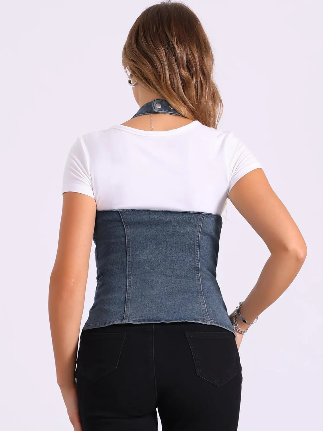 Allegra K Denim Vest for Women's Halter Neck Button Down Backless Jean Waistcoat