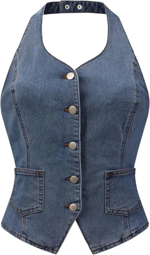 Allegra K Denim Vest for Women's Halter Neck Button Down Backless Jean Waistcoat