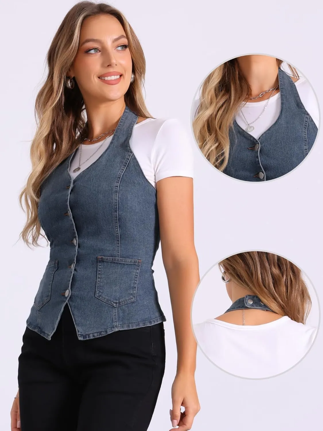 Allegra K Denim Vest for Women's Halter Neck Button Down Backless Jean Waistcoat