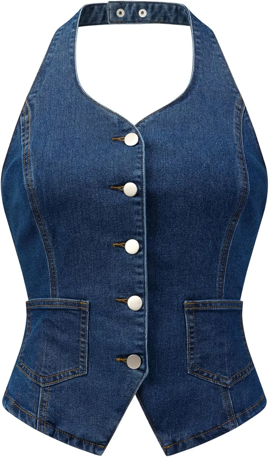 Allegra K Denim Vest for Women's Halter Neck Button Down Backless Jean Waistcoat