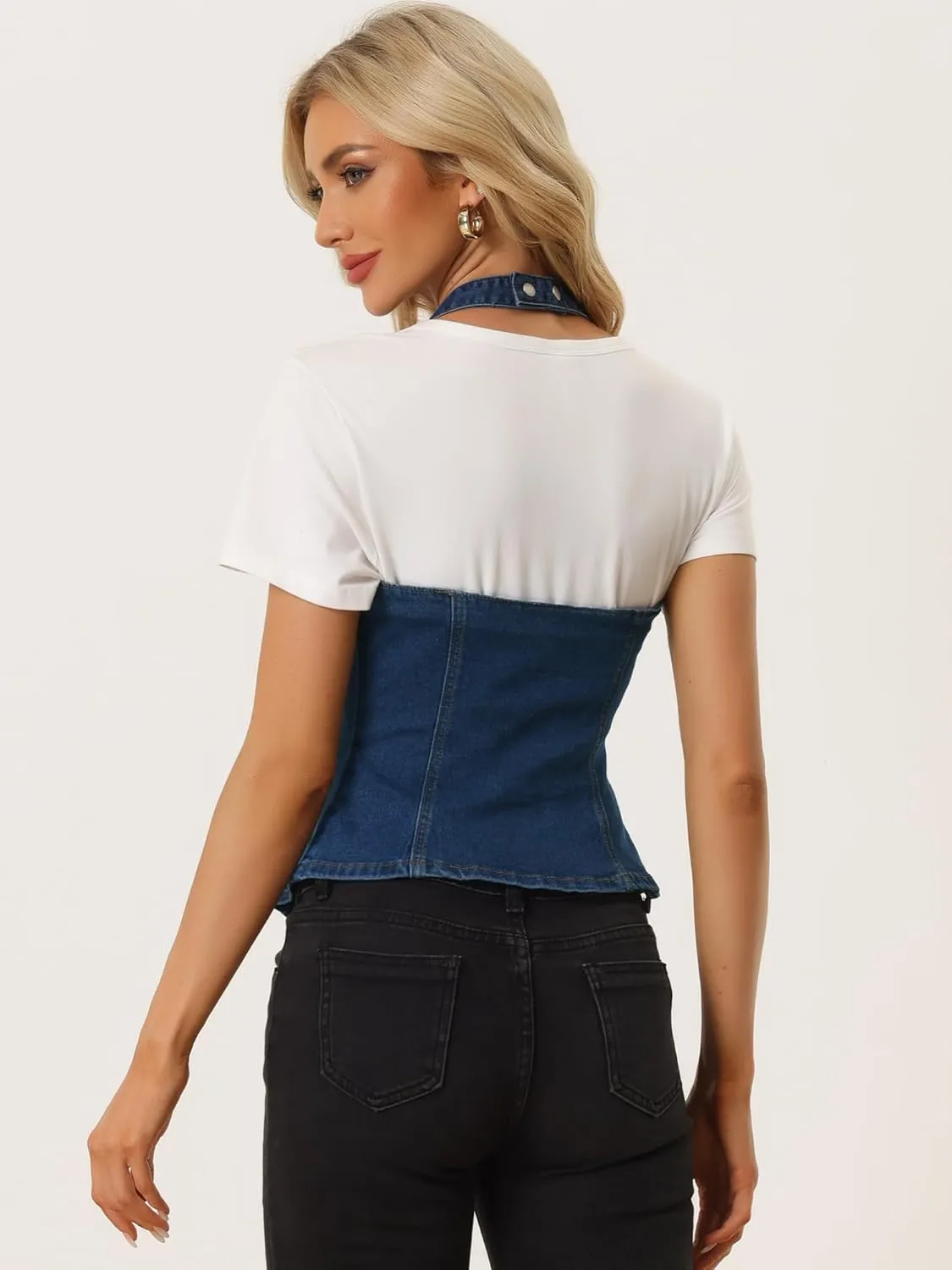 Allegra K Denim Vest for Women's Halter Neck Button Down Backless Jean Waistcoat