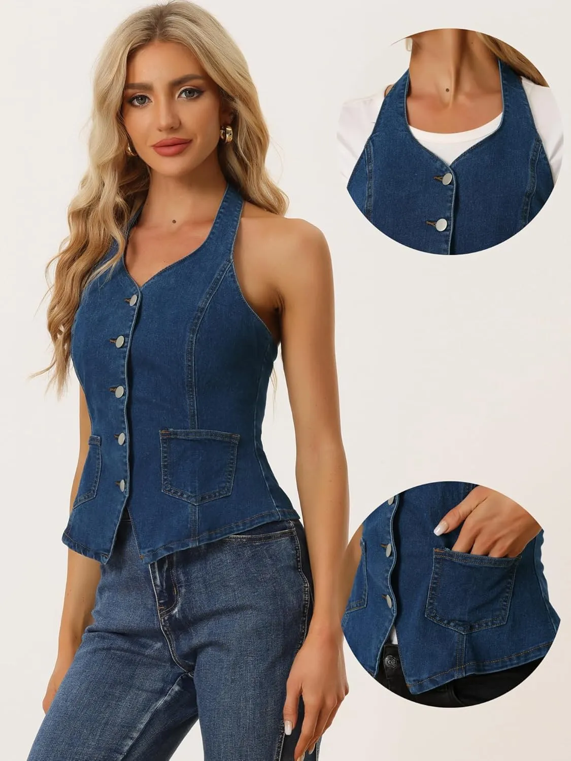 Allegra K Denim Vest for Women's Halter Neck Button Down Backless Jean Waistcoat