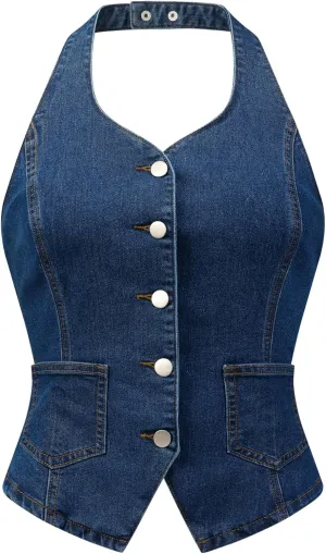 Allegra K Denim Vest for Women's Halter Neck Button Down Backless Jean Waistcoat
