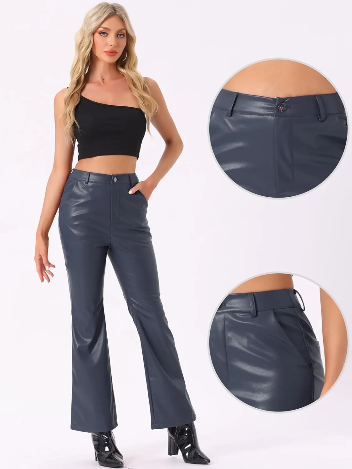 Allegra K Faux Leather Casual Pant for Women's High Waist Bell Bottom Flared Long PU Trouser