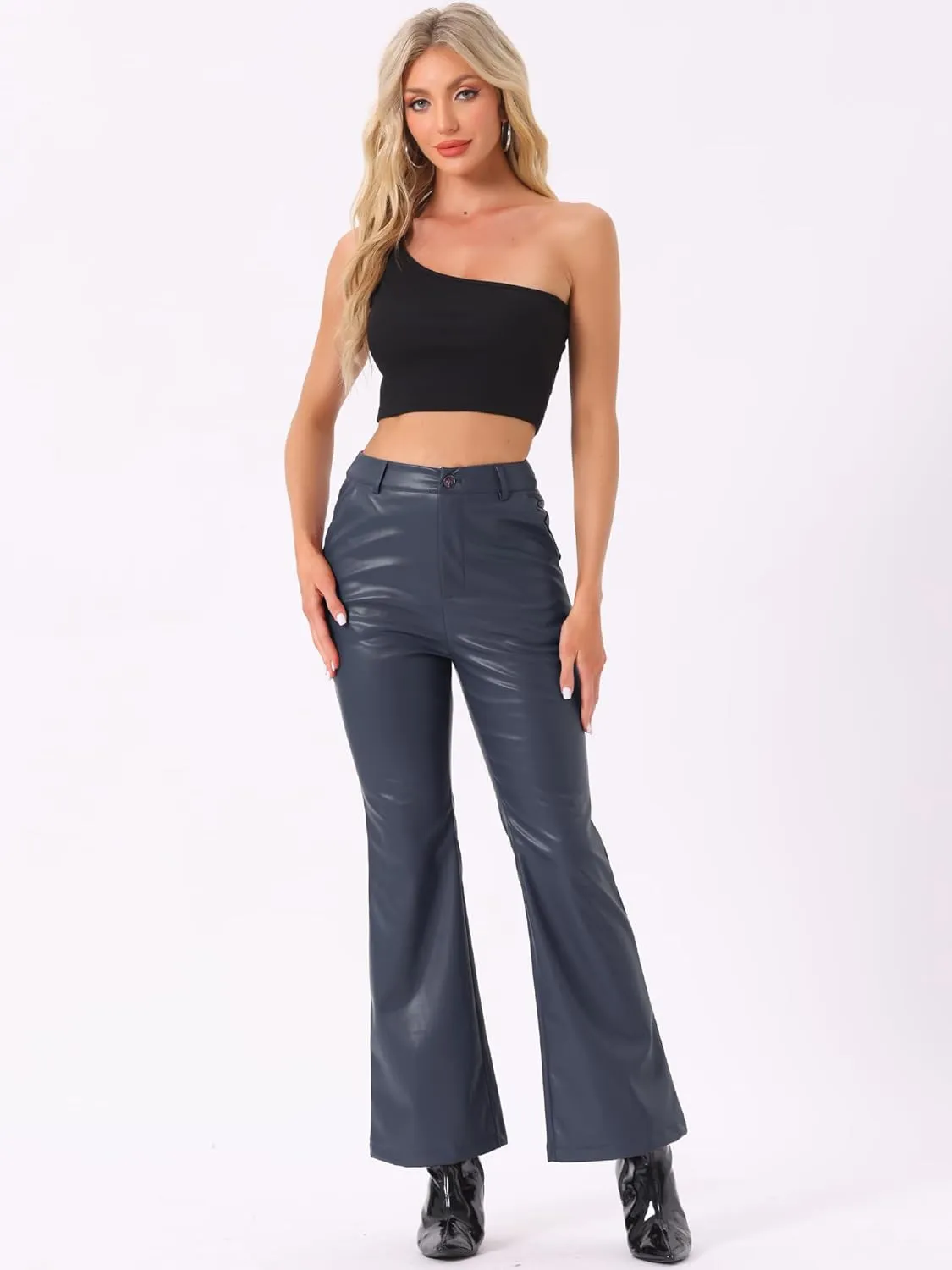 Allegra K Faux Leather Casual Pant for Women's High Waist Bell Bottom Flared Long PU Trouser