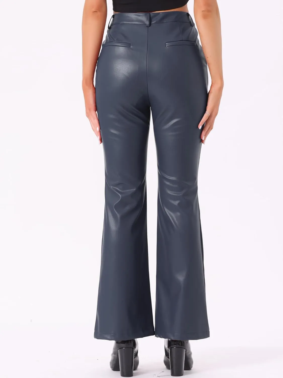 Allegra K Faux Leather Casual Pant for Women's High Waist Bell Bottom Flared Long PU Trouser