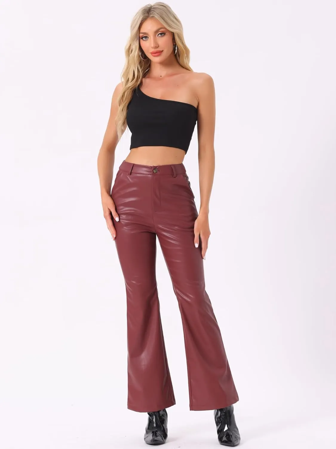 Allegra K Faux Leather Casual Pant for Women's High Waist Bell Bottom Flared Long PU Trouser