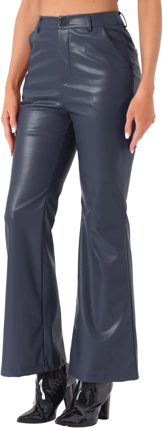 Allegra K Faux Leather Casual Pant for Women's High Waist Bell Bottom Flared Long PU Trouser