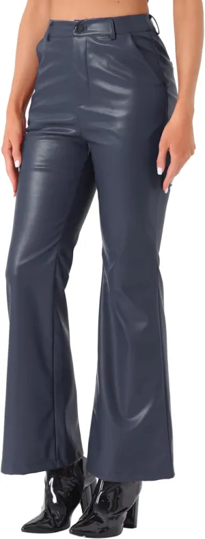 Allegra K Faux Leather Casual Pant for Women's High Waist Bell Bottom Flared Long PU Trouser