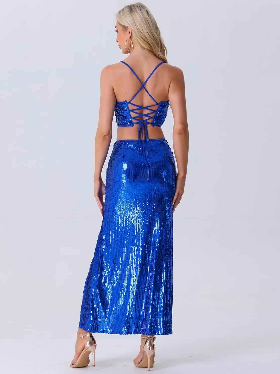 Allegra K Sequin Sets for Women's Spaghetti Straps Crop Top High Waist Split Maxi Skirt Set Two Piece Outfit