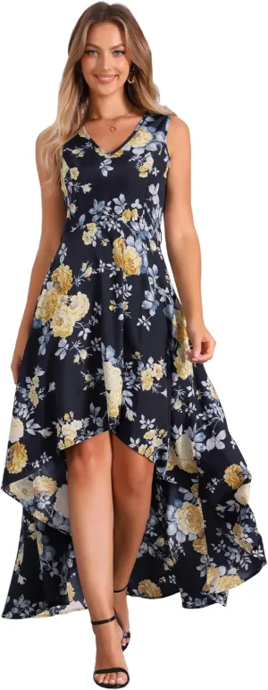 Allegra K Summer Dress for Women's Boho V Neck Sleeveless Floral High Low Long Maxi Dress