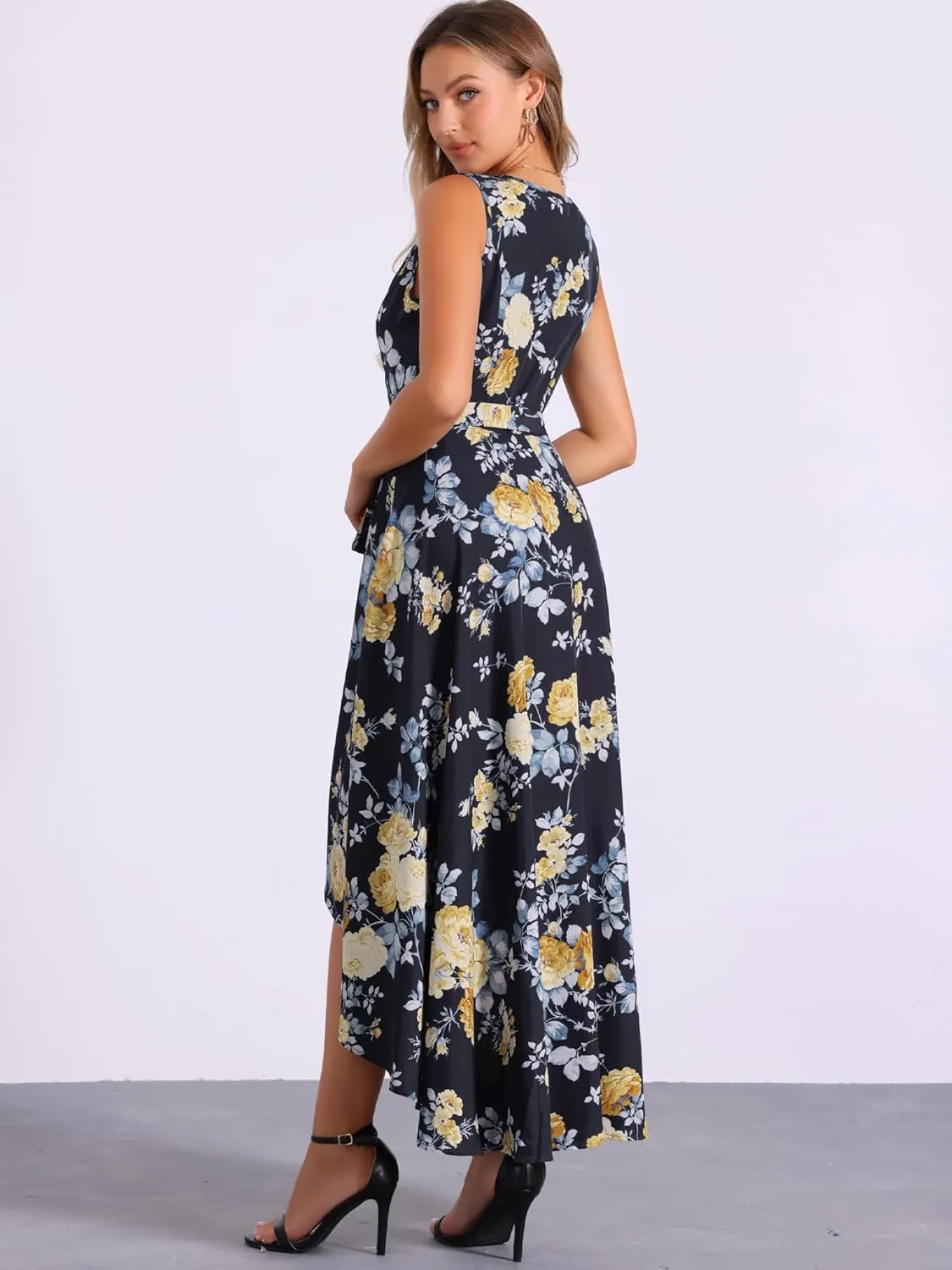 Allegra K Summer Dress for Women's Boho V Neck Sleeveless Floral High Low Long Maxi Dress