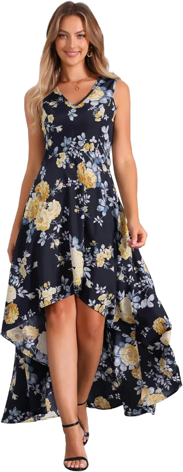 Allegra K Summer Dress for Women's Boho V Neck Sleeveless Floral High Low Long Maxi Dress