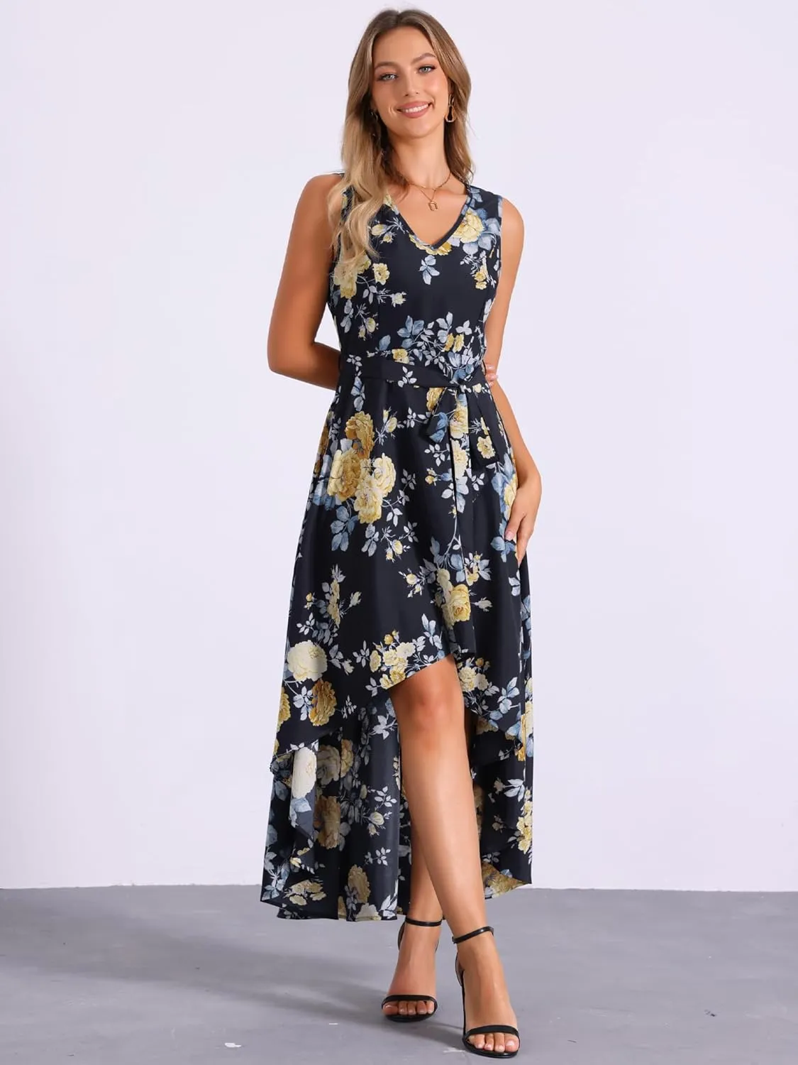 Allegra K Summer Dress for Women's Boho V Neck Sleeveless Floral High Low Long Maxi Dress