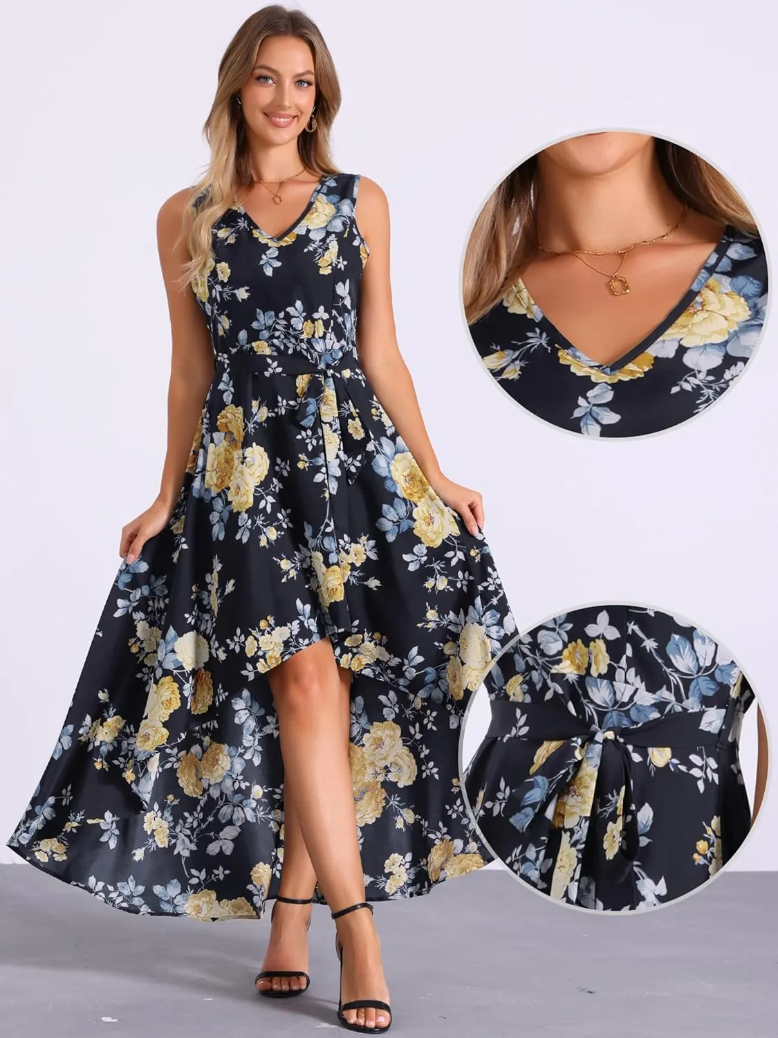 Allegra K Summer Dress for Women's Boho V Neck Sleeveless Floral High Low Long Maxi Dress