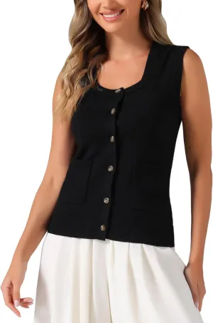 Allegra K Sweater Vest for Women's Summer Casual Button Ribbed Sleeveless Knitted Tank Top